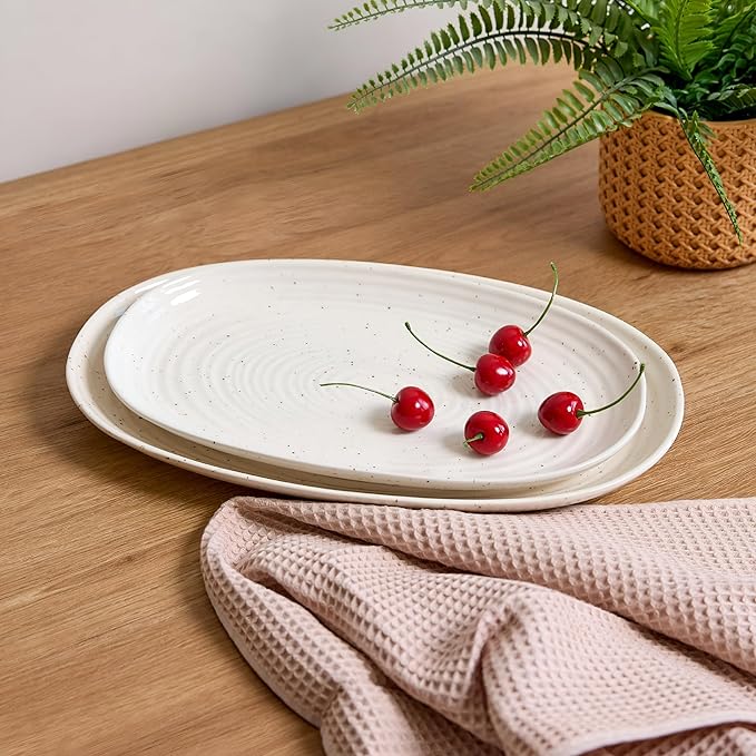 SANGO Siterra 2-Piece Speckled Stoneware Serving Platter Set for Easter - Large & Medium Ceramic Platters with Glossy Rustic Glaze, White Serving Dishes for Entertaining, Microwave and Dishwasher Safe