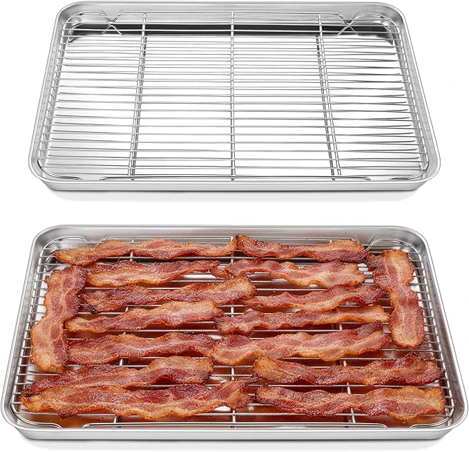Homikit Baking Sheet with Rack Set (2 Pans+2 Racks), 20x14 Inches Large Stainless Steel Cookie Sheets & Cooling Racks Non Toxic, Big Metal Bacon Crisp Trays for Oven Baking Cooking, Dishwasher Safe