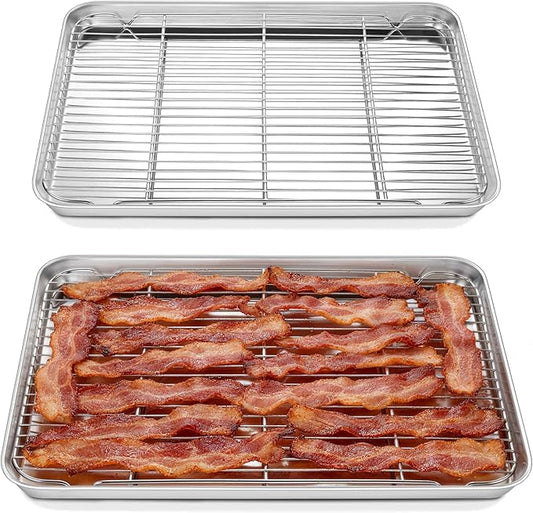 Homikit Baking Sheet with Rack Set (2 Pans+2 Racks), 20x14 Inches Large Stainless Steel Cookie Sheets & Cooling Racks Non Toxic, Big Metal Bacon Crisp Trays for Oven Baking Cooking, Dishwasher Safe