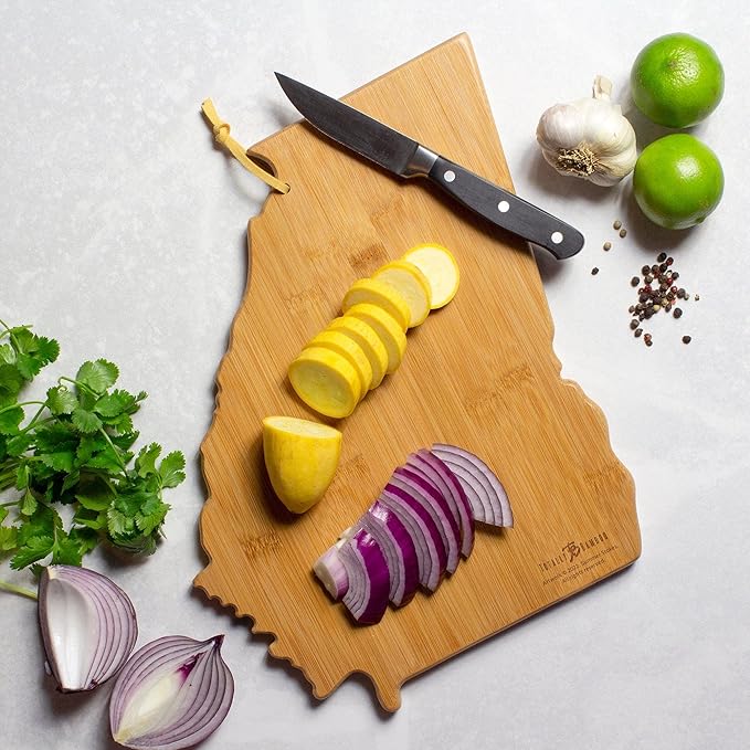 Totally Bamboo Georgia State Shaped Cutting Board and Charcuterie Serving Platter with Artwork by Summer Stokes, Includes Hang Tie for Wall Display 11-3/4" x 13-1/4" x 5/8"