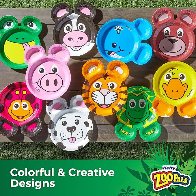 Hefty Zoo Pals Party Edition Paper Plates for Kids, Assorted Animal Designs, 7.75 Inches with Two Dipping Compartments, 20 Count (Pack of 2)