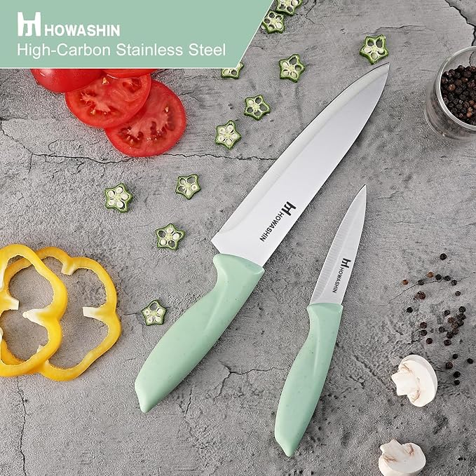 Knife Set, Howashin 15 Pieces Kitchen Knife Set with Built in Knife Sharpener, High Carbon German Stainless Steel Knife Block Set, Hand wash Safe Knives Set, Green