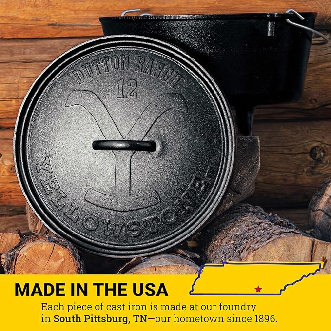 Lodge Pre-Seasoned Yellowstone Stamped Cast Iron Cookware - Use in the Oven, on the Stove, on the Grill, or Over a Campfire - Power Y 8 Quart Dutch Oven