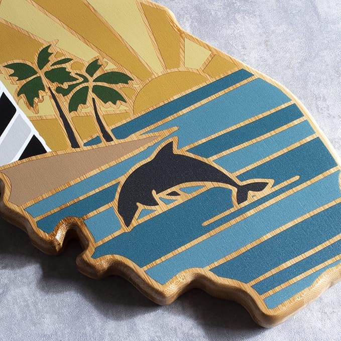 Totally Bamboo Florida State Shaped Cutting Board and Charcuterie Serving Platter with Artwork by Summer Stokes, Includes Hang Tie for Wall Display Varies