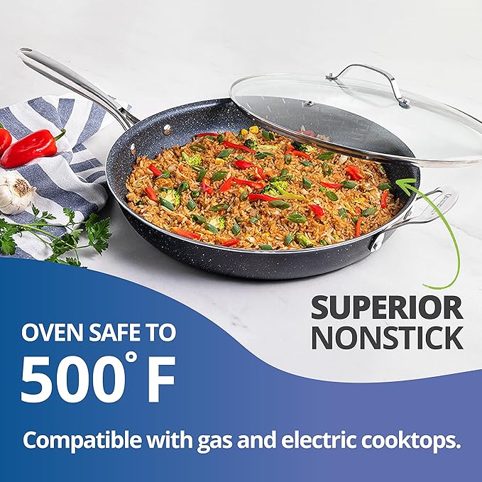 Granitestone 14” Frying Pan with Lid, Large Non stick Frying Pan for Cooking, Frying Pan Nonstick, Ultra Durable Mineral and Diamond Coating, Family Sized Open Skillet, Oven and Dishwasher Safe, Black