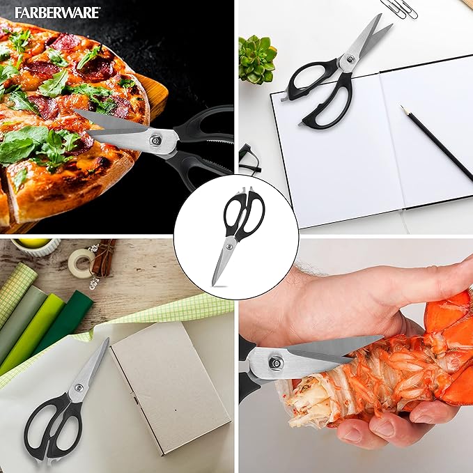 Farberware 4-in-1 Kitchen Scissors with Black Handle, High-Carbon Stainless Steel Shears with Bottle Opener, Jar Opener and Screwdriver, Kitchen Shears for Food Prep