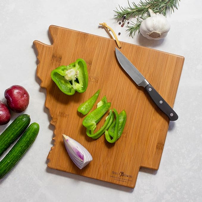 Totally Bamboo Arkansas State Shaped Cutting Board and Charcuterie Serving Platter with Artwork by Summer Stokes, Includes Hang Tie for Wall Display