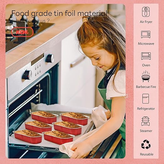 50 PACK Mini Cake Pans with Lids and Spoons, Rectangular Aluminum Foil Bread Pan, Mini Loaf Pans and Food Containers with Lids(Red, 6.8oz)