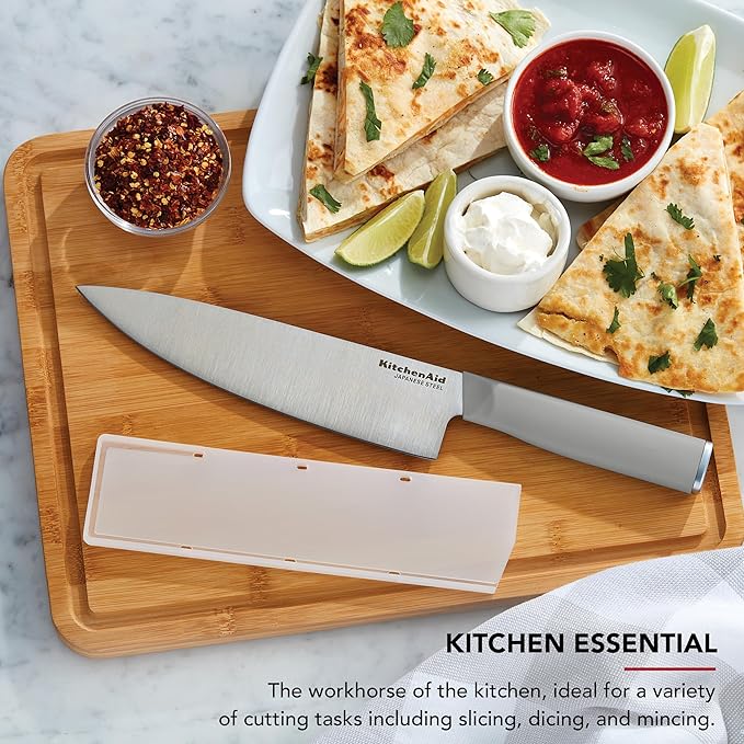 KitchenAid Classic Chef Knife with Custom-Fit Blade Cover, Sharp Kitchen Knife, High-Carbon Japanese Stainless Steel Blade, 8 Inch, Gray