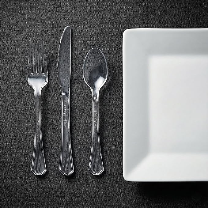 Hanna K. Signature 240 Count Clear Plastic Silverware Set, Heavyweight Elegant Disposable Cutlery Combo, 80 Forks, 80 Spoons, 80 Knives