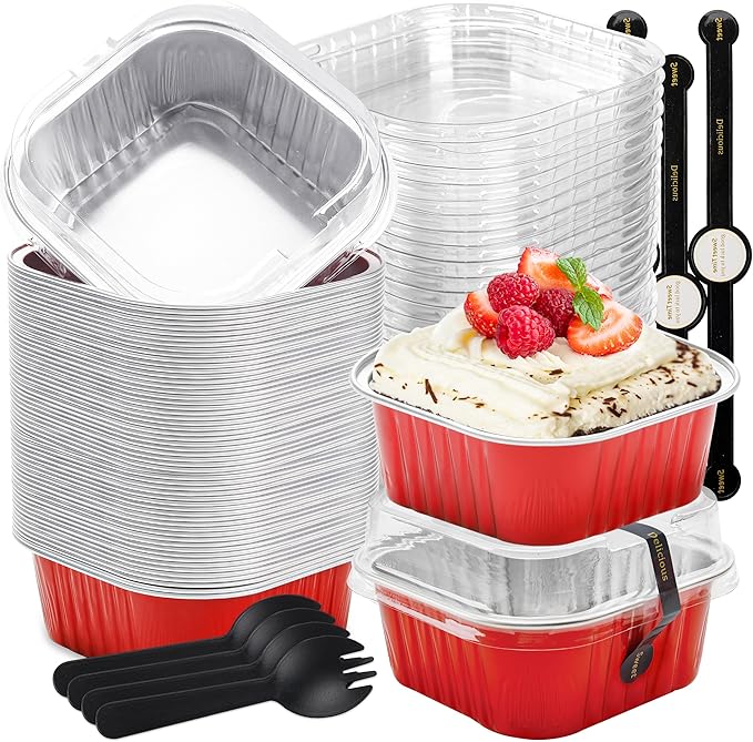 60 pack Mini Cake Pans with Lids Foil Pans Square Aluminum Pans with Lids Cupcake Liners for Birthday Wedding Party Gift (Red, 10 oz)