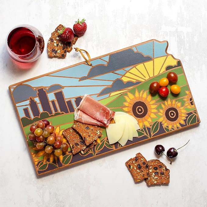 Totally Bamboo Kansas State Shaped Cutting Board and Charcuterie Serving Platter with Artwork by Summer Stokes, Includes Hang Tie for Wall Display
