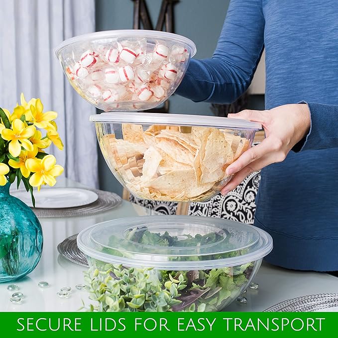 PLASTICPRO Disposable 48 Ounce Round Crystal Clear Plastic Serving Bowl With Lid - Party Snack or Salad Container, Chip and Candy Dish - Pack of 8