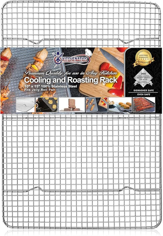 KITCHENATICS Jelly Roll Cooling Rack for Baking, Heavy-Duty Stainless Steel Baking Rack, Oven Safe Rack for Cooking, Food-Safe Bacon Rack, Cookie Cooling Rack Fits Jelly Roll Sheet Pan 10" x15" IN