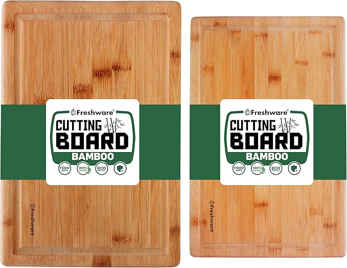 Freshware Freshware Bamboo Cutting Boards for Kitchen with Juice Groove [Set of 2] Wood Cutting Board for Chopping Meat, Vegetables, Fruits, Cheese, Knife Friendly Serving Tray with Handles
