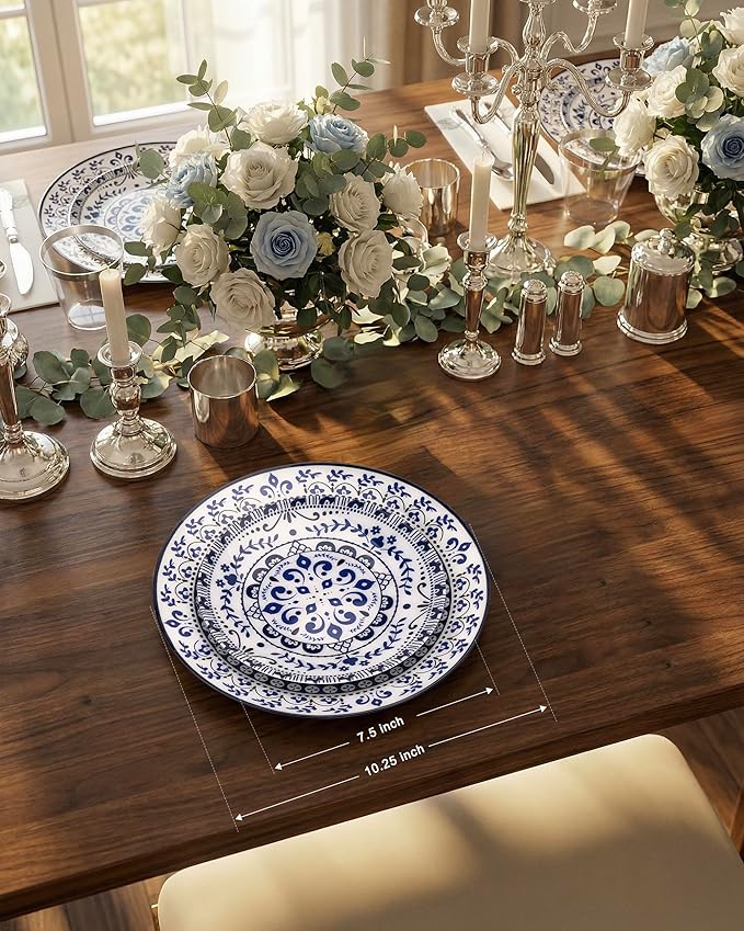 Hioasis 60pcs Blue Plastic Plates Set - Floral Blue & White Porcelain Design, 10.25" Dinner & 7.5" Dessert Plates Disposable for Wedding (Dishwasher Safe, Traditional Style)