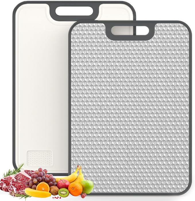 18/8 Stainless Steel Cutting Board, Large Double Sided Chopping Board for Kitchen (17x12"), Food-Grade 304 & Wheat Straw PP, Deep Juice Grooves, non Toxic, Non-Slip & Dishwasher Safe