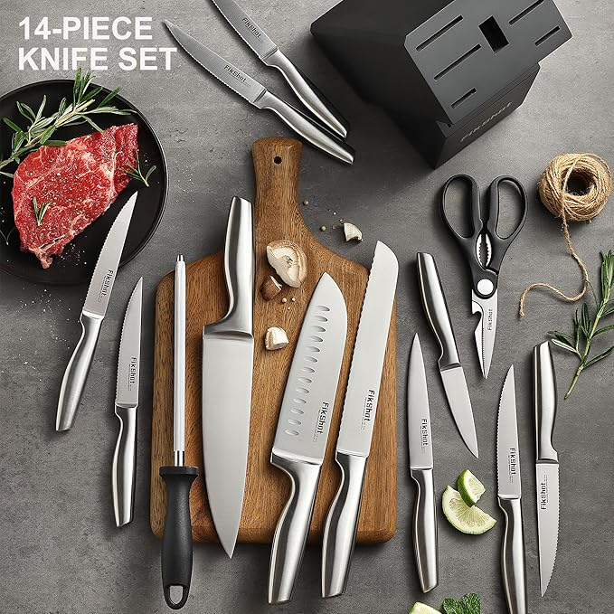 Kitchen Knife Set, Including Knife Block Set and Sharpener - Made of High Carbon Steel, Rust-Resistant, Ergonomic Handle, Suitable for Cooking, Grilling and Gifting