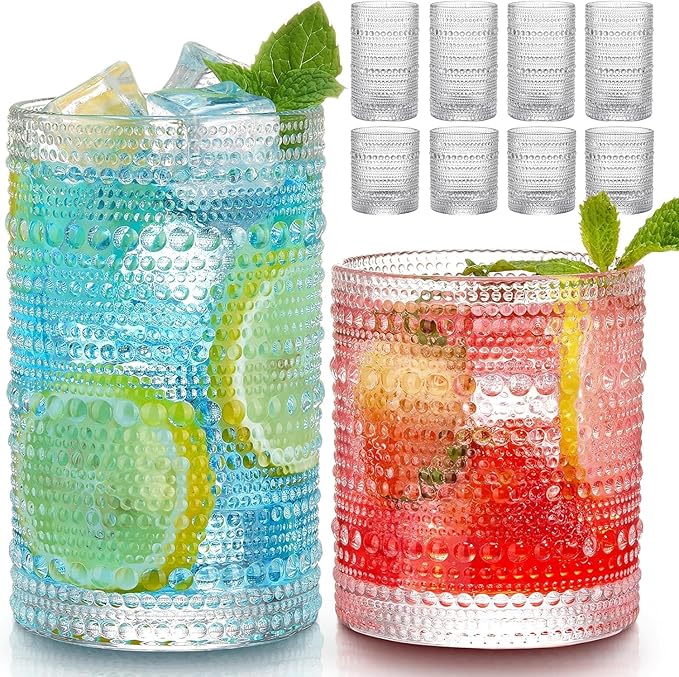 Vintage Hobnail Drinking Glasses Set of 8, 12 oz Highball Glasses & 10 oz Cocktail Glasses Set, Kitchen Water Glasses Cup, Bar Tumbler Glassware Set for Beer, Juice, Cocktail, Whiskey, Milk