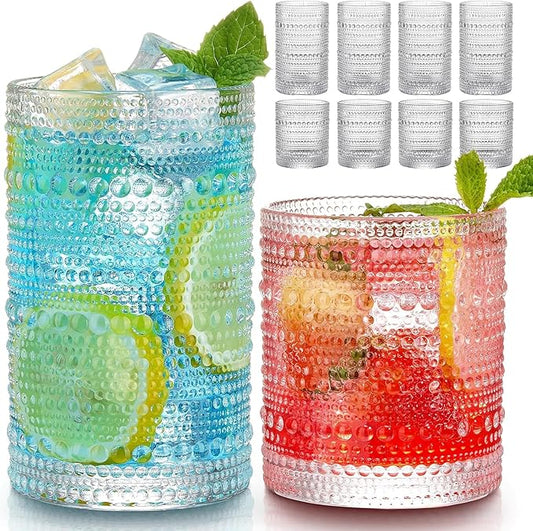 Vintage Hobnail Drinking Glasses Set of 8, 12 oz Highball Glasses & 10 oz Cocktail Glasses Set, Kitchen Water Glasses Cup, Bar Tumbler Glassware Set for Beer, Juice, Cocktail, Whiskey, Milk