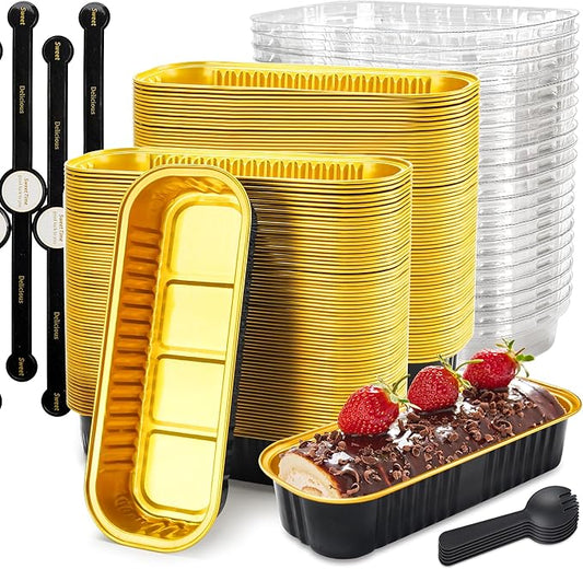 100 Pack Mini Loaf Pans with Lids Rectangle Individual Cake Pans Aluminum Foil Pans for Large Gatherings Picnics Vacations Parties(Black Gold, 6.8 OZ)