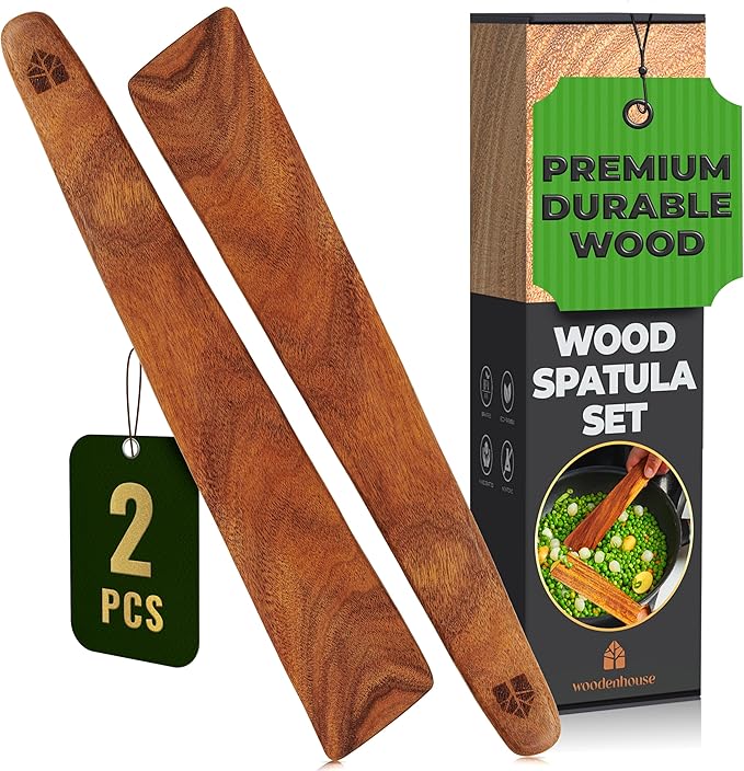 Wooden Spatula for Cooking Set of 2 – 12 Inch Teak Spatula Turner & Flipper for Cast Iron, Flat Egg & Pancake Scraper – Utensils by Woodenhouse