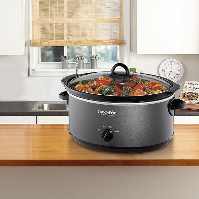 Crock-Pot 7-Quart Manual Slow Cooker, Family Size Serves 8+ People or Fits 6-lb Roast, Removable Stoneware with Warming Setting, Dishwasher Safe for Easy Cleanup, Charcoal