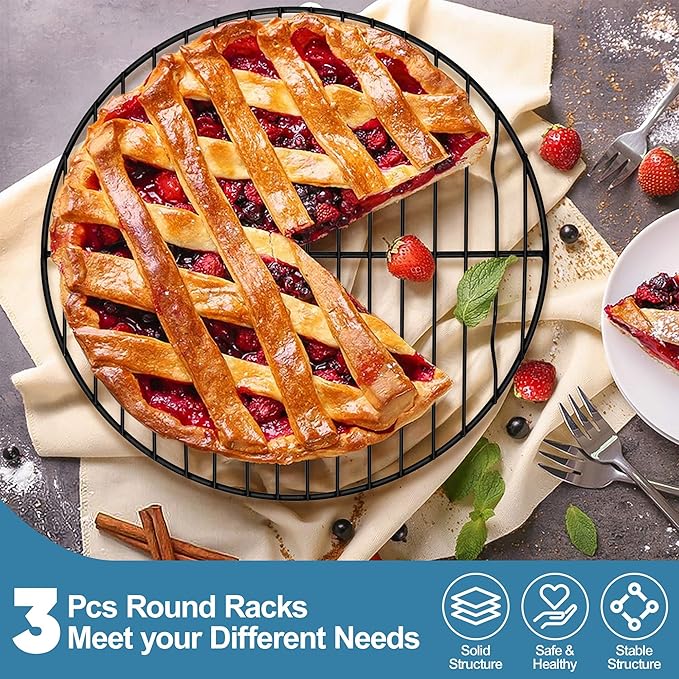 P&P CHEF Round Cooling Rack Set, Round Wire Racks for Cooking Baking, Fit Air Fryer & Oven, Stainless Steel Core with Nonstick Coatings, Black, 3 PCS - 7.5 & 9 & 10.5 Inch