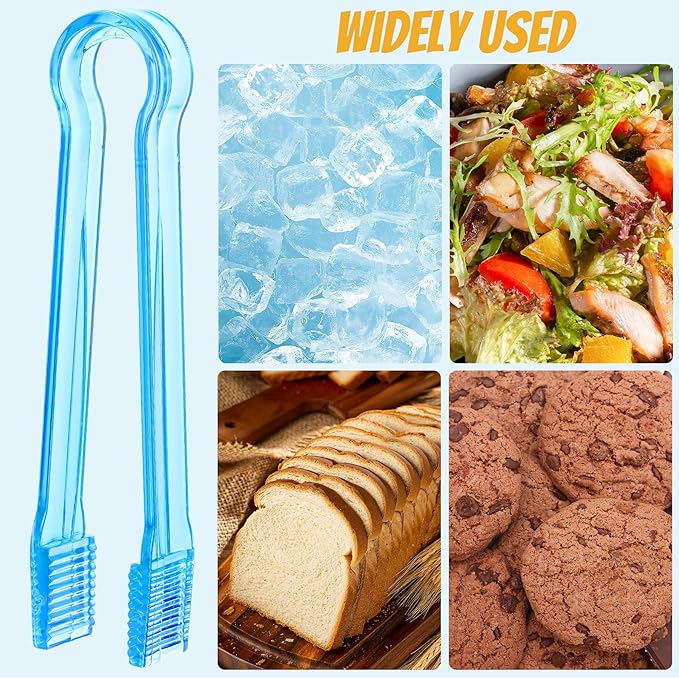 10 Pcs Plastic Buffet Serving Tongs, Clear Blue Kitchen Tongs Mini Serving Utensil Tongs for Food Ice Salad Buffet Barbecue Cookies, 6.3 Inches