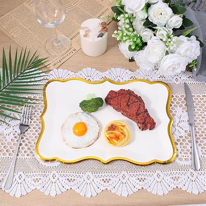 40 Pcs White and Gold Rim Cardboard Serving Trays, 9" x 13" Disposable Serving Trays and Platters Cupcake Platter Rectangle Gold Servings Tray for Fruit Dessert Cookies Birthday Party Wedding