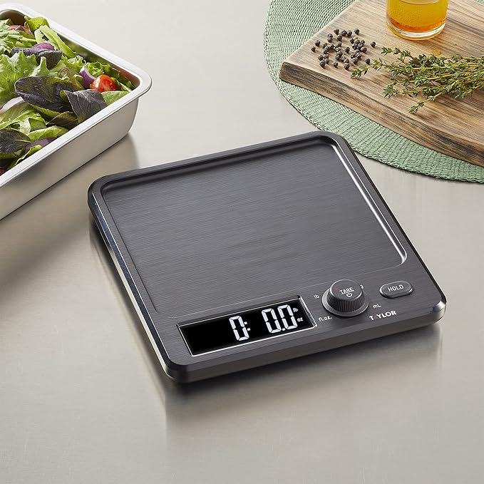 Taylor Digital Kitchen Scale with Dishwasher Safe Stainless Steel Container and Snap On, 22 pound capacity, Black