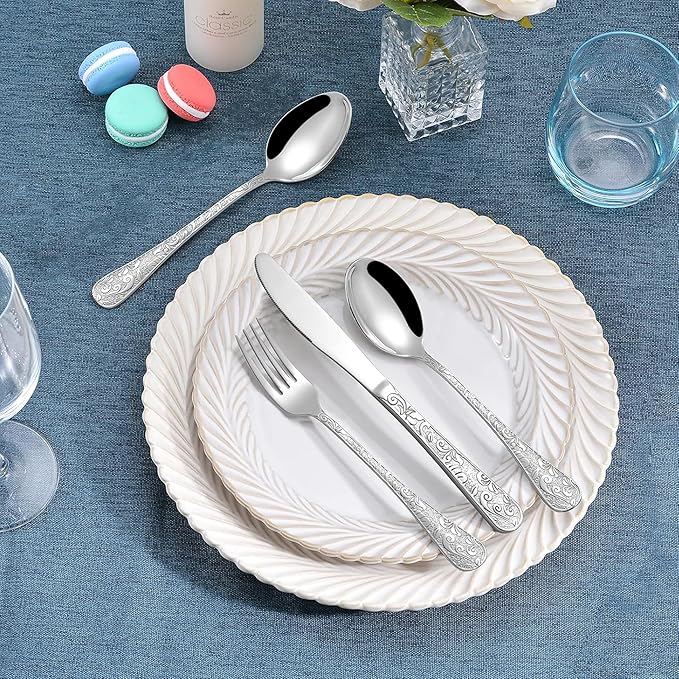 Runfly Vintage Carved Stainless Steel 20 Pieces Flatware Set, Silverware Set, Modern Embossed Cutlery Set Utensils Including Fork Spoon and Knife