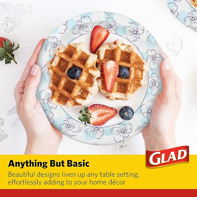 Glad Round Disposable Paper Plates, Blue Flower Design, Heavy Duty Soak Proof Cut Resistant Microwave Safe Plates for Meals, Parties, Picnics, and Events, 10 Inch, 50 Count - 12 Pack
