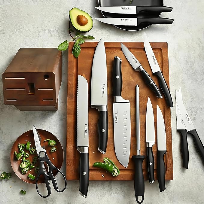 Knife Set 14-Piece Ultra-Sharp Full Tang Chef Knives with Block and Sharpener, High-Carbon Steel Black Handle for Kitchens, BBQs and Feasts, Rust-Resistant, Dishwasher-Safe, Gift for Chefs