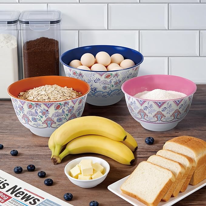TP Mixing Bowl Set with Lids, 6-Piece Melamine Nesting Bowls Set for Pasta Baking Salad Mixing, Set of 3, Ottoman Floral