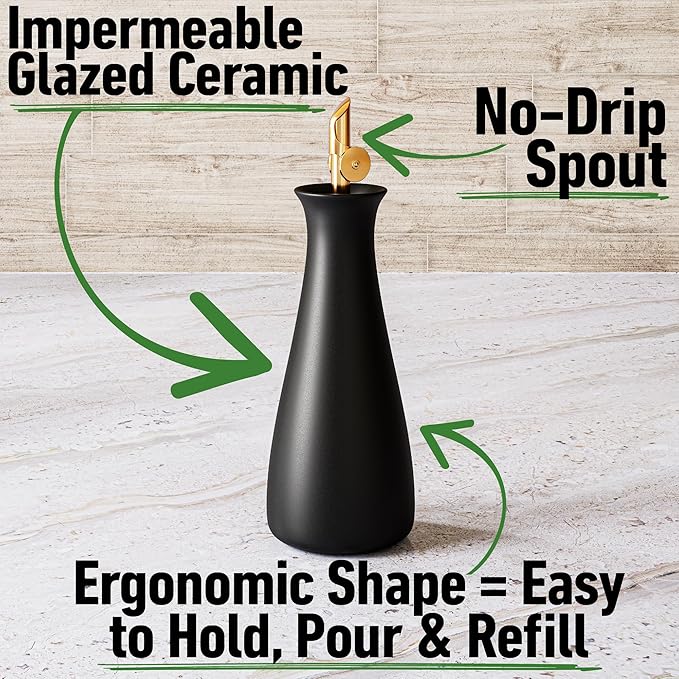 HB Design Co. Ceramic Olive Oil Dispenser with Self-Closing Gold Spout - 530 ML Capacity Matte White Ceramic Oil Dispenser for Kitchen - Leak Proof EVOO Dispensing Bottle