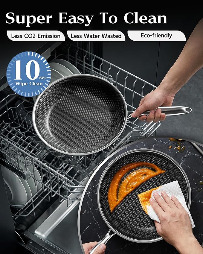 Honeycomb Stainless Steel Nonstick Frying Pan with Lid 7 Inch, Induction Cooktop Compatible Skillet, PFOA-Free Scratch-Proof, Dishwasher & Oven Safe, Stay-Cool Handle, Silver Kitchen Cookware