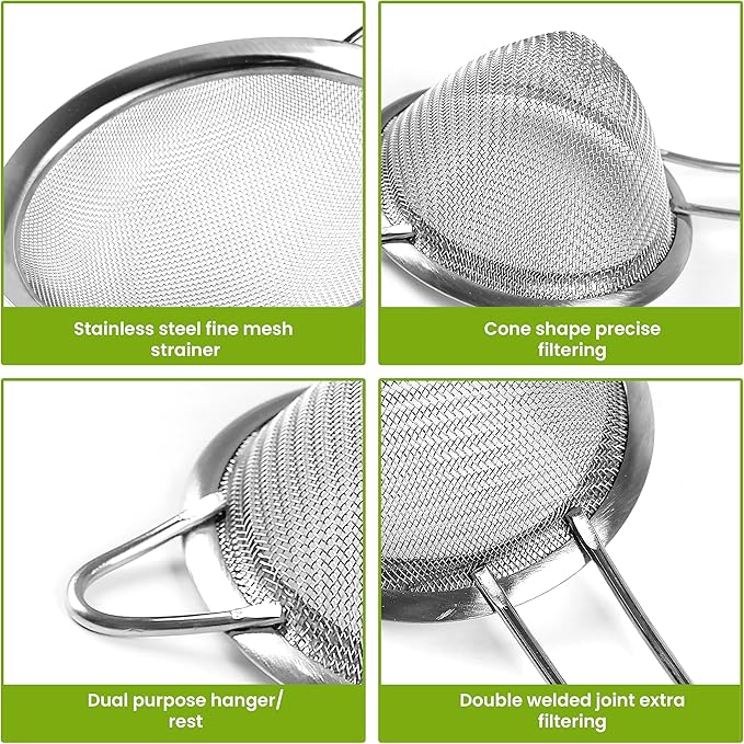 Set of 2 Stainless Steel Mesh Strainers for Kitchen - 5.5 inch Round Fine Mesh Strainer & 3.4 inch Conical Strainer Fine Mesh - Ideal to Sieve Pasta Noodles, Quinoa, Tea, Coffee, Juices, Flour
