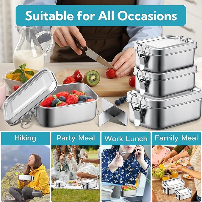 E-far Stainless Steel Lunch Box, 49oz Metal Bento Box Lunchbox w/Leak Proof Lid, 1400ml Medium Food Container w/Removable Divider & Bag, Reusable 3-Compartment Bento Lunch Container for Camping Picnic