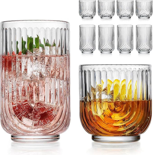 Glaver's 8-Piece Drinking Glass Set, Art Deco Ribbed Arch Glassware, Clear U-Shape Design, 17oz Highball and 11oz DOF Glasses Kitchen Glasses