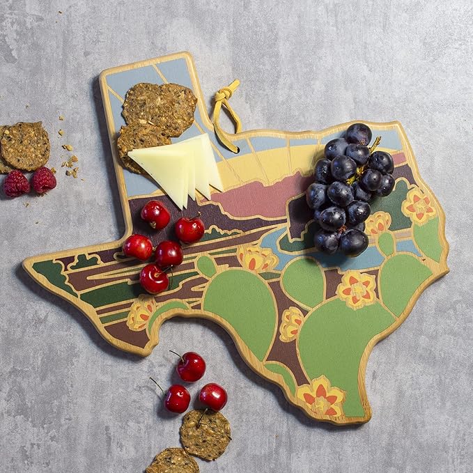 Totally Bamboo Texas State Shaped Cutting Board and Charcuterie Serving Platter with Artwork by Summer Stokes, Includes Hang Tie for Wall Display 14" x 13-3/8" x 5/8"