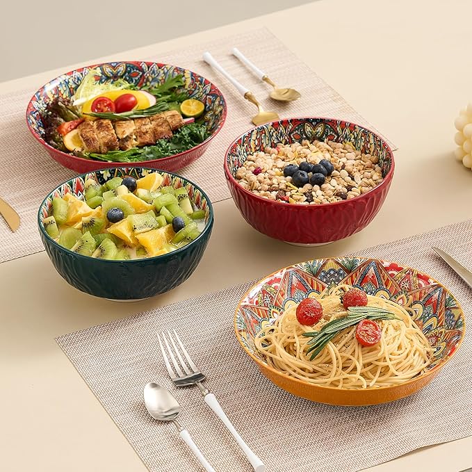 Ceramic Pasta Bowls Set of 6-8 inch 32 oz Serving Bowls, Colorful Dinner Bowls for Soup,Salad, and Pasta, Kitchen, Microwave, Dishwasher Safe, mexican, Bohemian Style