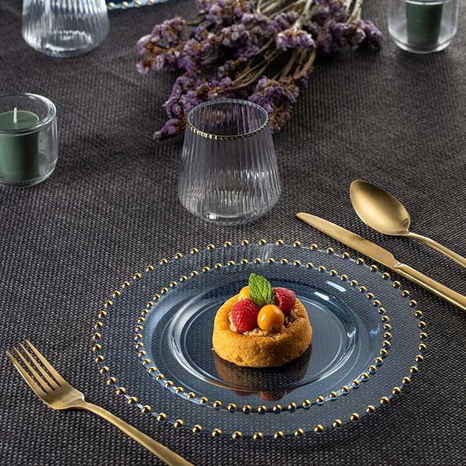 PLASTICPRO 32 Piece Combo Plastic Dinner Plates Disposable Plastic Fancy Heavy Duty Party Dishes 7 inch and 10 inch, Translucent Blue and Gold Beaded
