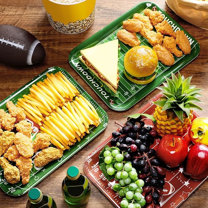 4 Pcs Melamine Serving Trays Platters Snack Trays Reusable Rectangle Platters for Sports Game Day Flower Tea Party Food Dessert Cookies Serving Plates Supplies, 13 x 9.7 Inch(Football)