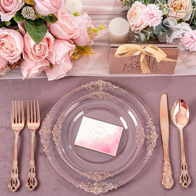 102PCS Rose Gold Plastic Plates - Clear Rose Gold Plate - Heavy Duty Disposable Plates - Fancy Disposable Dinner & Dessert Plate for 51 Guests for Party & Wedding