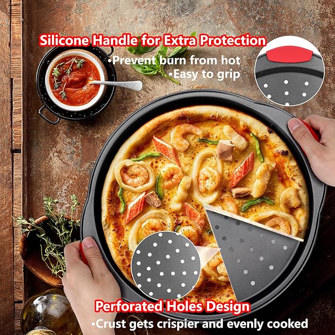 Pizza Pan for Oven (2 PACK), Pizza Baking Trays with Pizza Cutter, Non-Stick Pizza Baking Pan with Perforated Holes and Silicone Handle, Oven & Dishwasher Safe Carbon Steel