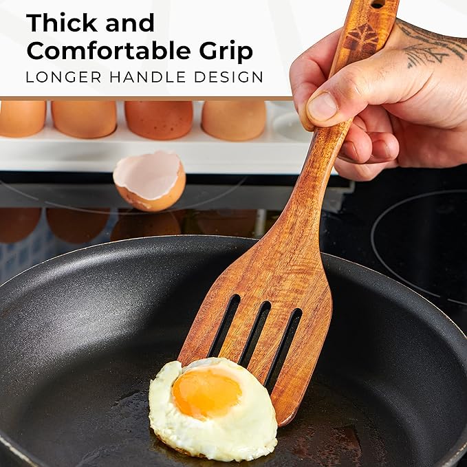 Wooden Spatula for Cooking - Natural Teak Wood Spatula for Non Stick Frying Pan - Wooden Cooking Utensils Set of 4 Including Paddle, Turner, Slotted Spurtle and Wood Scraper - Long Ergonomic Handles