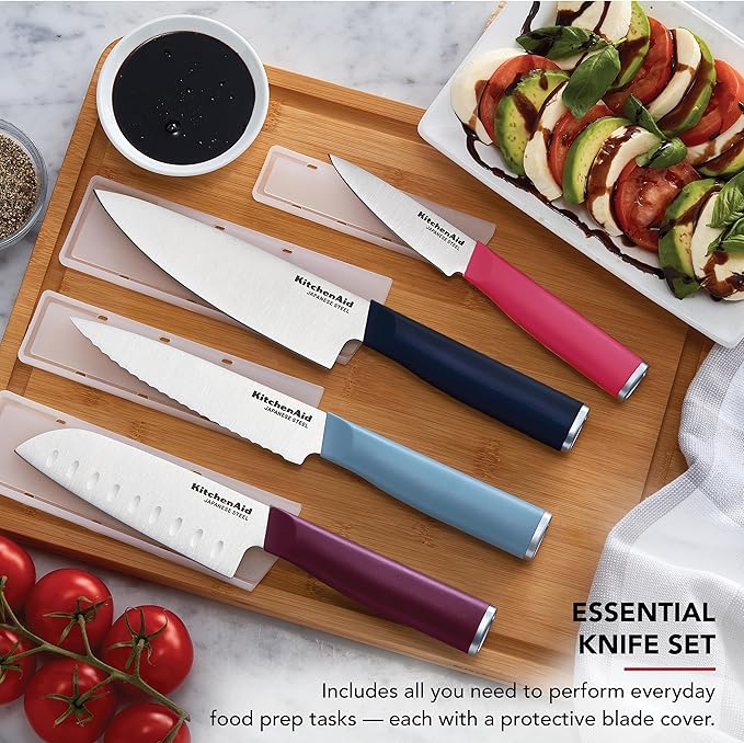 KitchenAid 4-Piece Chef Knife Set with Blade Covers, 6-Inch Chef Knife, 5-Inch Santoku, 5.5-Inch Serrated Utility, 3.5-Inch Paring High-Carbon Japanese Steel, Assorted Colors