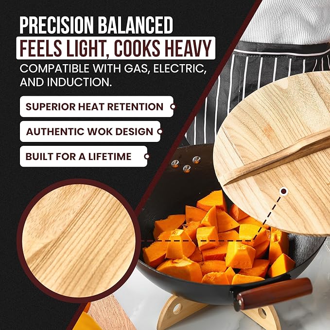 Pre-Seasoned Cast Iron Nonstick Stir-Fry Pan | Dual Handles & 4 Spatulas | Flat Bottom Wok with Wooden Lid & Wood Handle | Traditional Chinese Induction Wok (34cm)