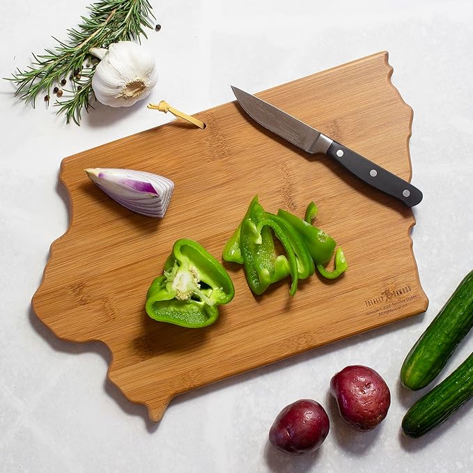Totally Bamboo Iowa State Shaped Cutting Board and Charcuterie Serving Platter with Artwork by Summer Stokes, Includes Hang Tie for Wall Display